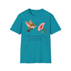 T-shirt fleuri avec colibri et coquelicot — « On me prend pour un colibri, je suis un papillon »
