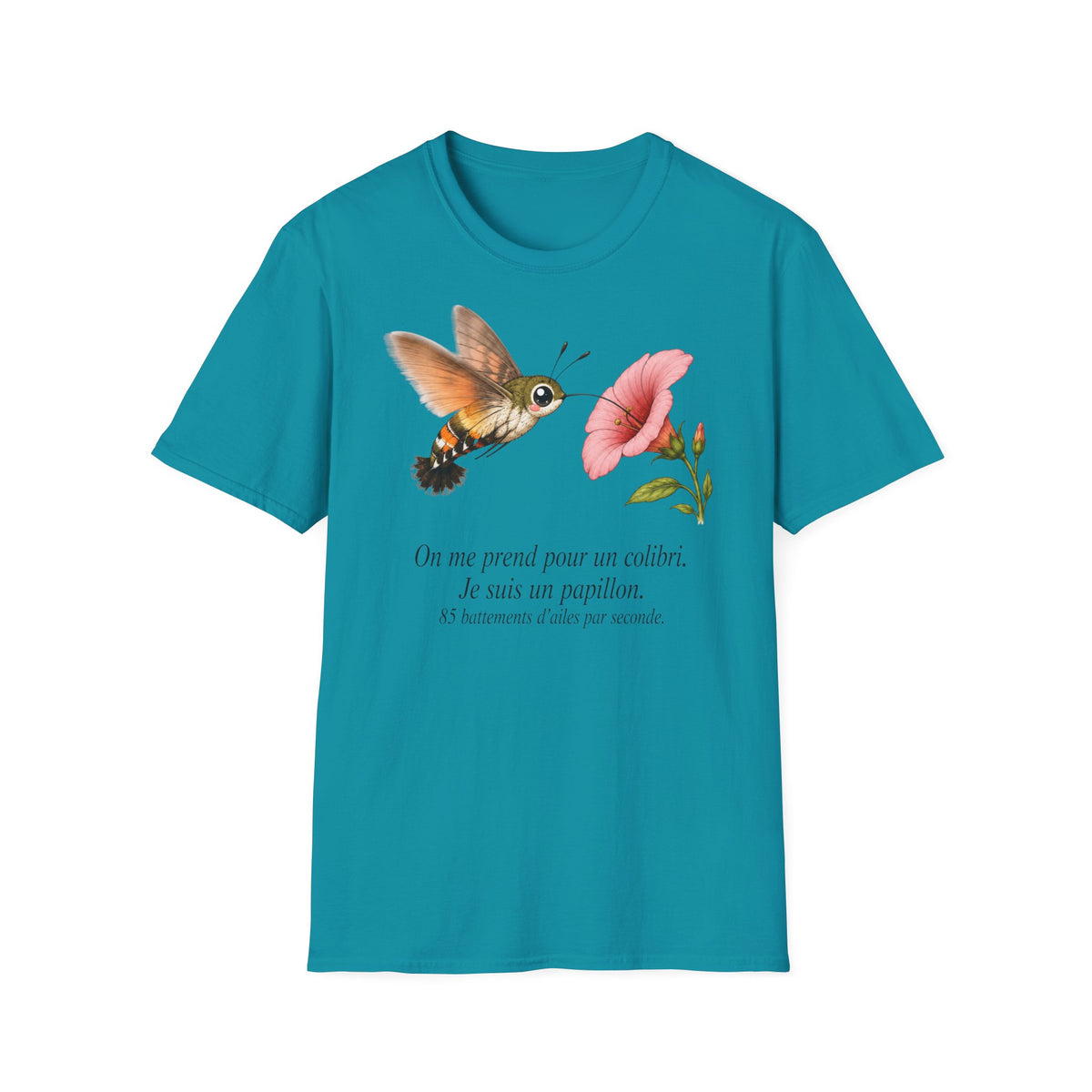 T-shirt fleuri avec colibri et coquelicot — « On me prend pour un colibri, je suis un papillon »