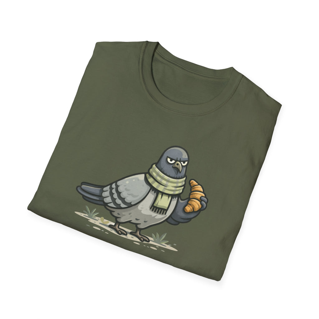 T-Shirt — "Menace biologique locale" Pigeon with Scarf and Croissant Cute Graphic
