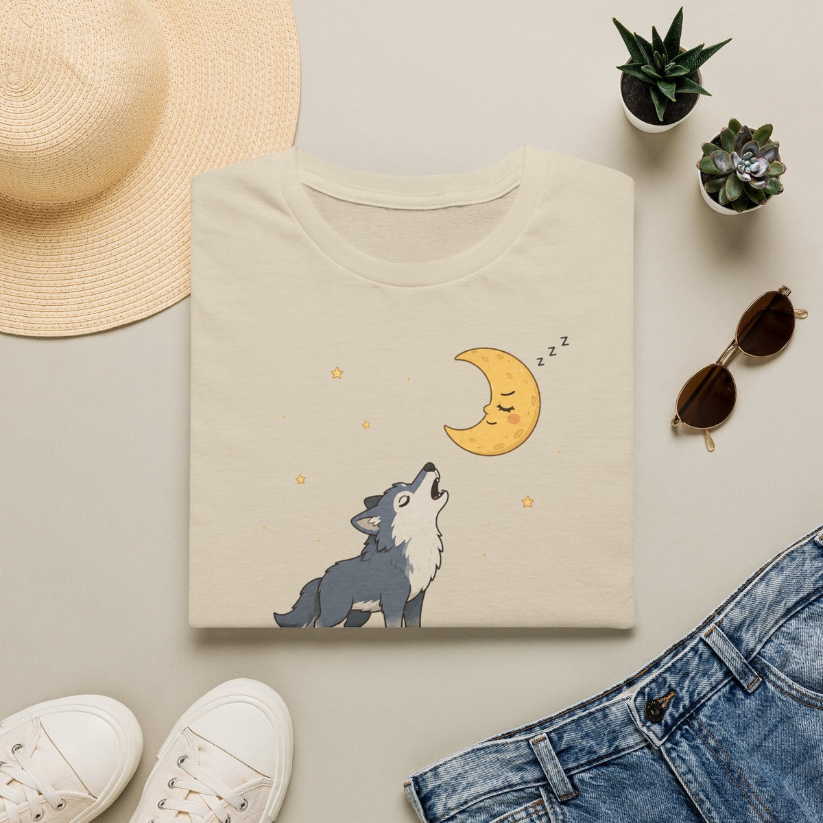T-shirt Loup hurlant à la lune — Adorable illustration du ciel nocturne
