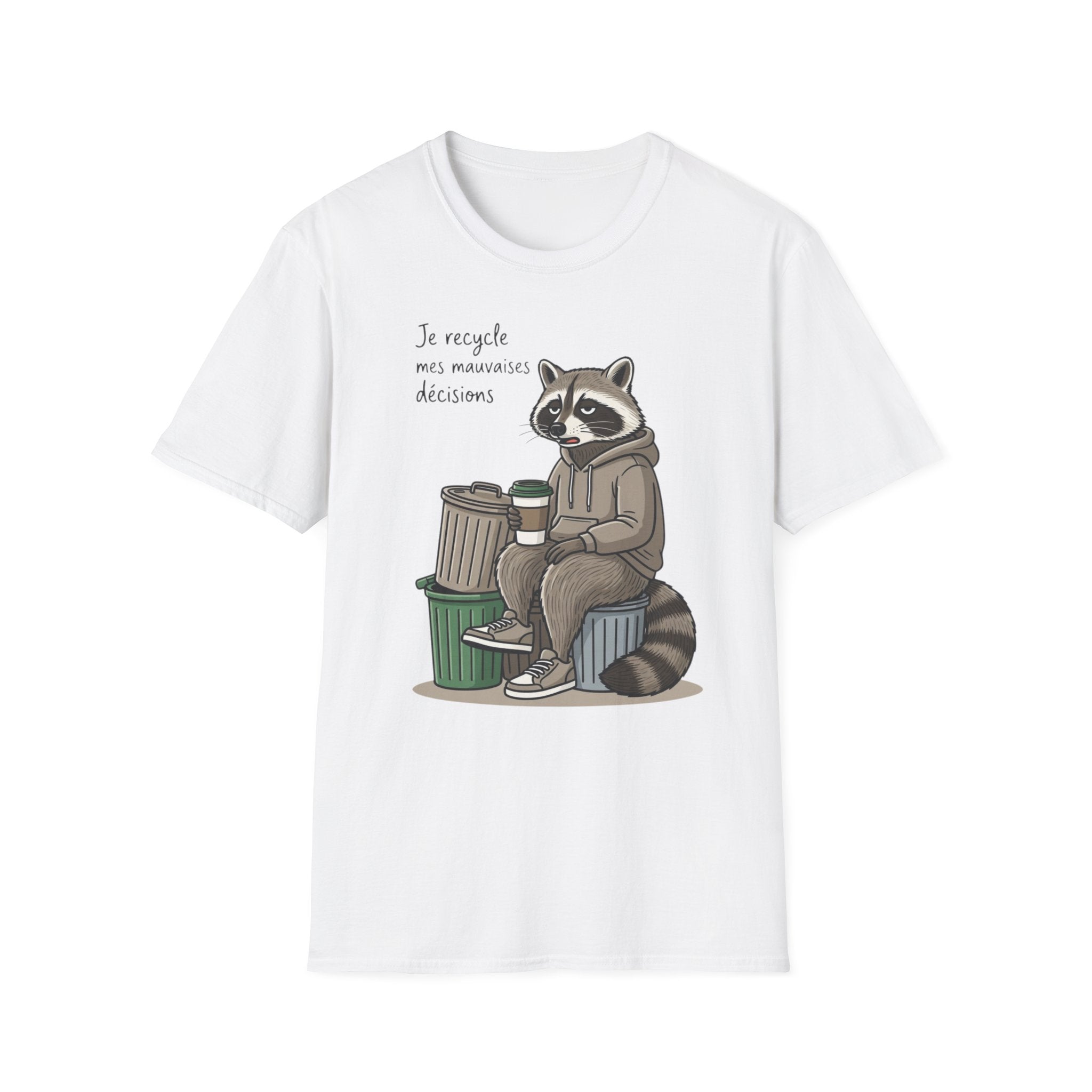 Recycling Raccoon T-Shirt — "Je recycle mes mauvaises décisions" Cute Eco Humor Tee
