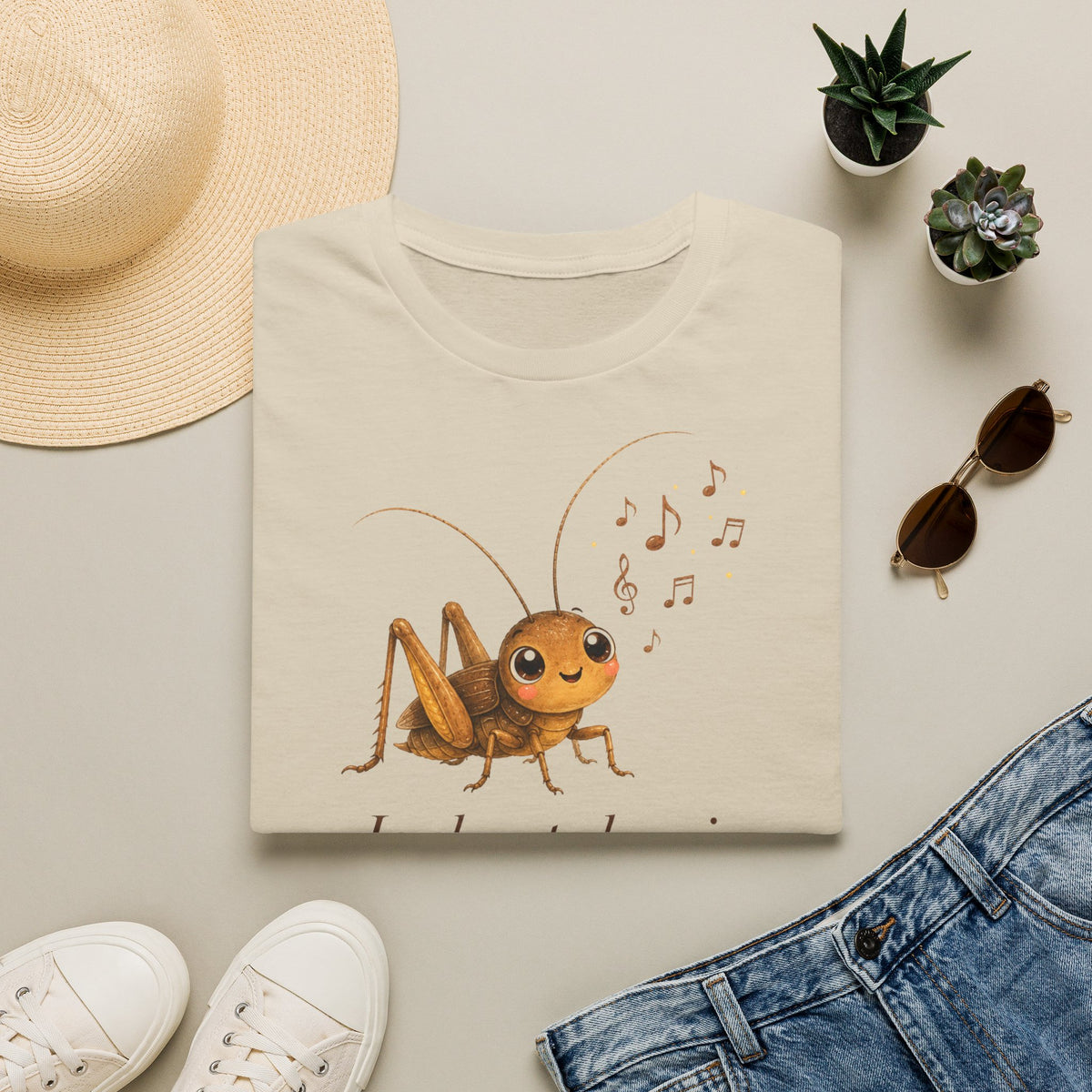 T-shirt illustré avec grillon — « Je chante le soir » — Adorable grillon chanteur