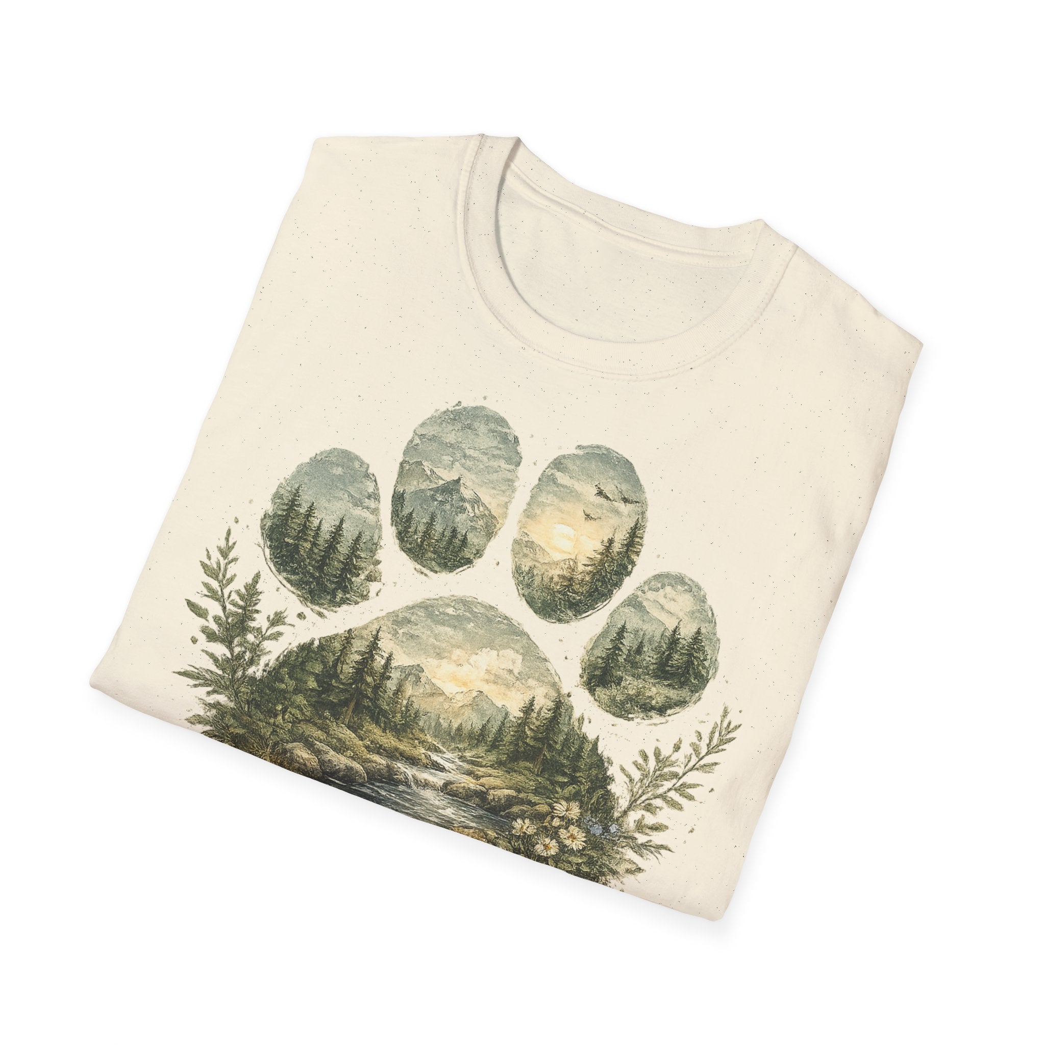 Wild Paw Landscape T-Shirt — Mountain Forest Paw Print Nature Tee
