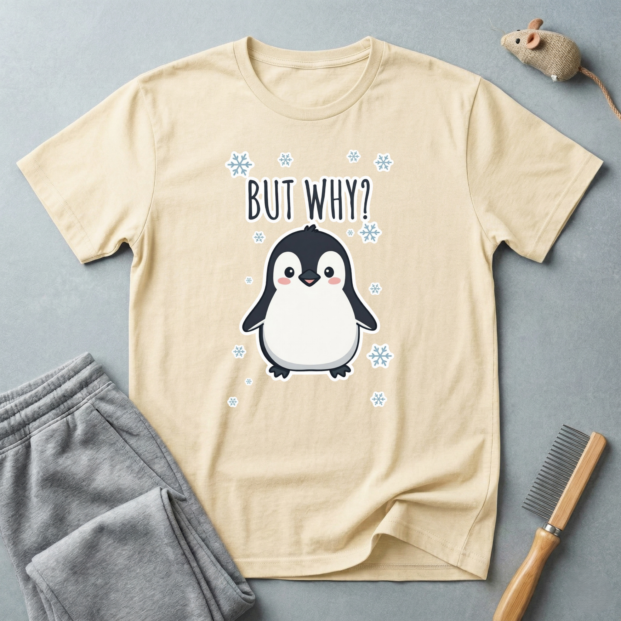 T-shirt pingouin «But Why?» — T-shirt graphique d’hiver mignon