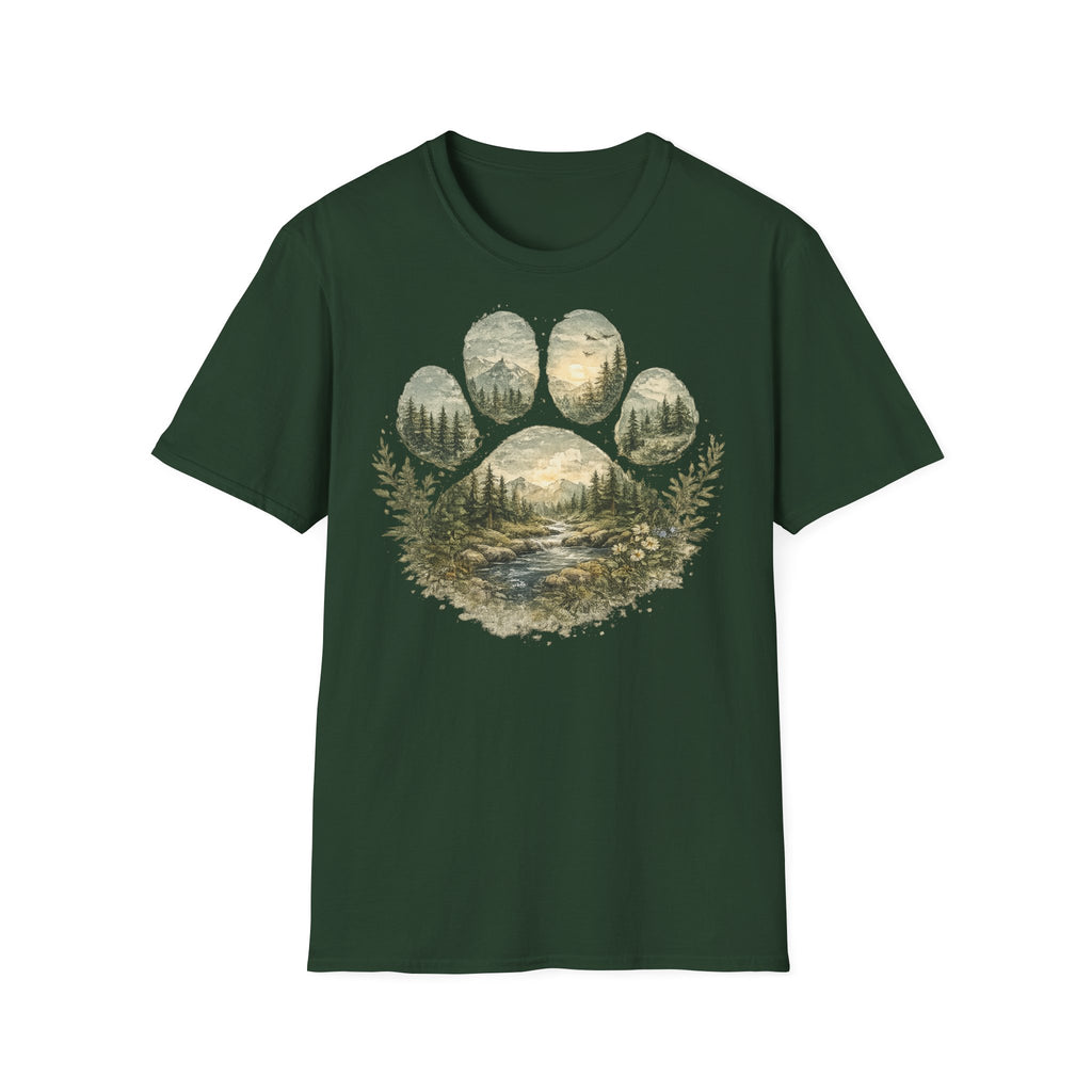 Wild Paw Landscape T-Shirt — Mountain Forest Paw Print Nature Tee