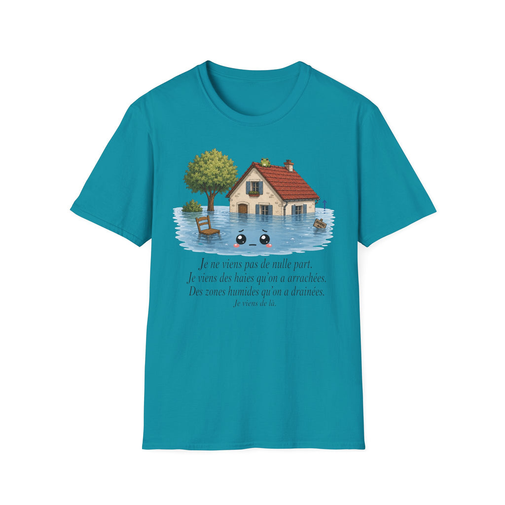 T-shirt « Maison inondée » — Adorable illustration kawaii d’une maison dans les eaux montante