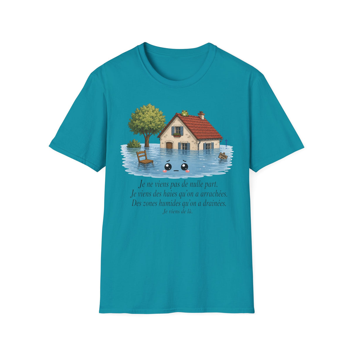 T-shirt « Maison inondée » — Adorable illustration kawaii d’une maison dans les eaux montante