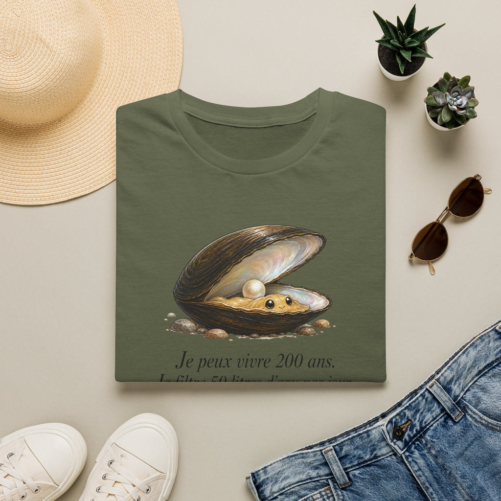 T-shirt — Illustration vintage de moule perlière avec la phrase française « Je peux vivre 200 ans »