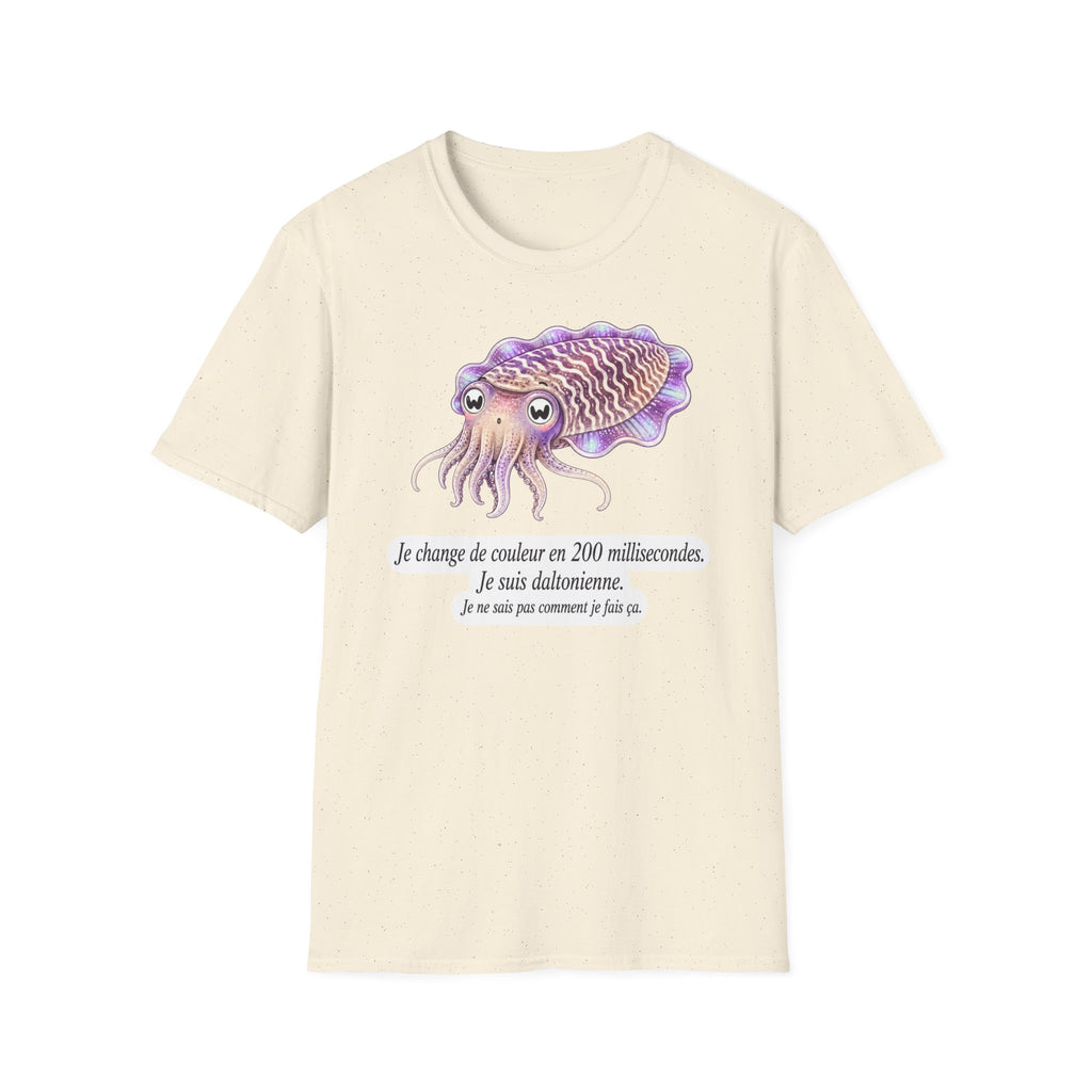 T-shirt illustré avec une seiche — « Je change de couleur en 200 millisecondes »