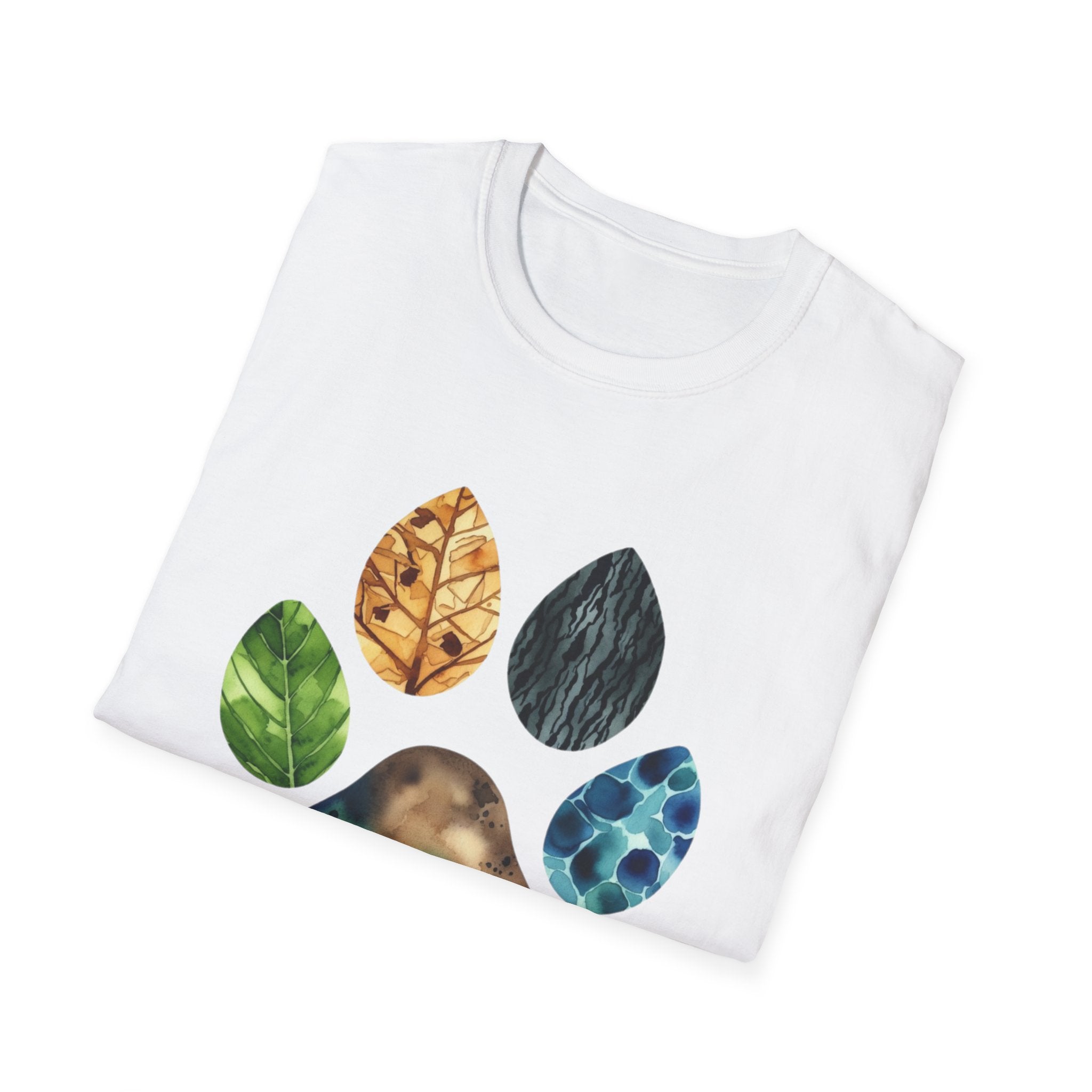 Nature Paw Print T-Shirt — Colorful Leaf & Stone Paw Design