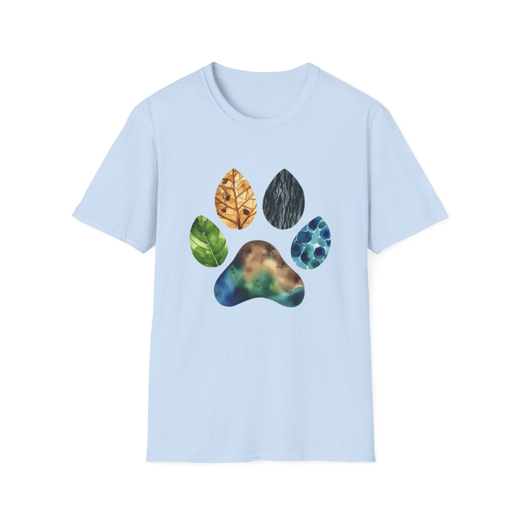 Nature Paw Print T-Shirt — Colorful Leaf & Stone Paw Design