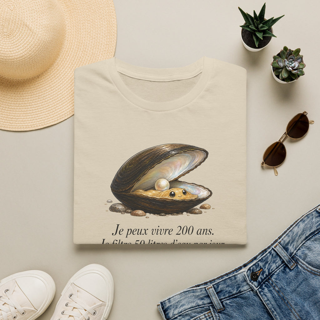 T-shirt — Illustration vintage de moule perlière avec la phrase française « Je peux vivre 200 ans »