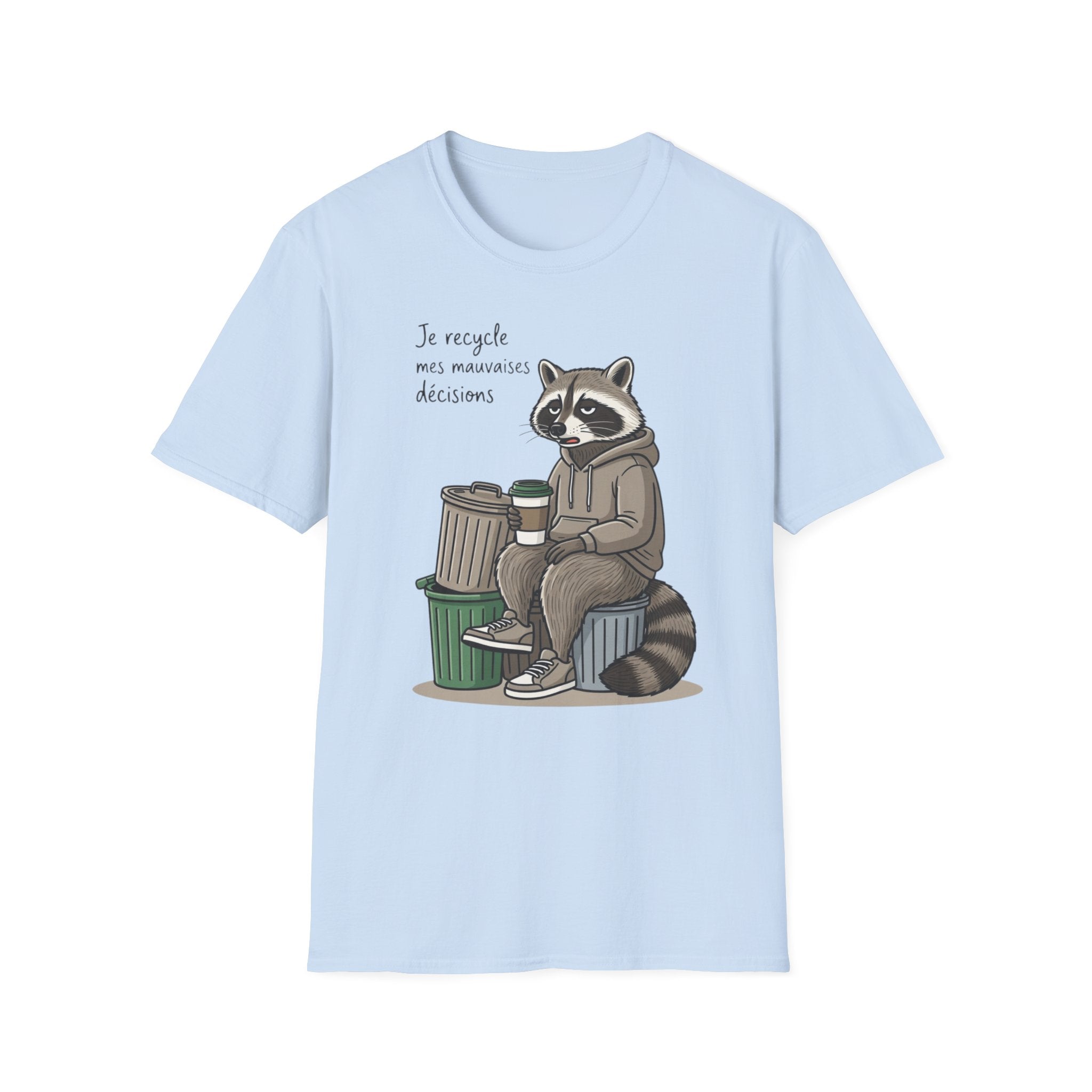 Recycling Raccoon T-Shirt — "Je recycle mes mauvaises décisions" Cute Eco Humor Tee