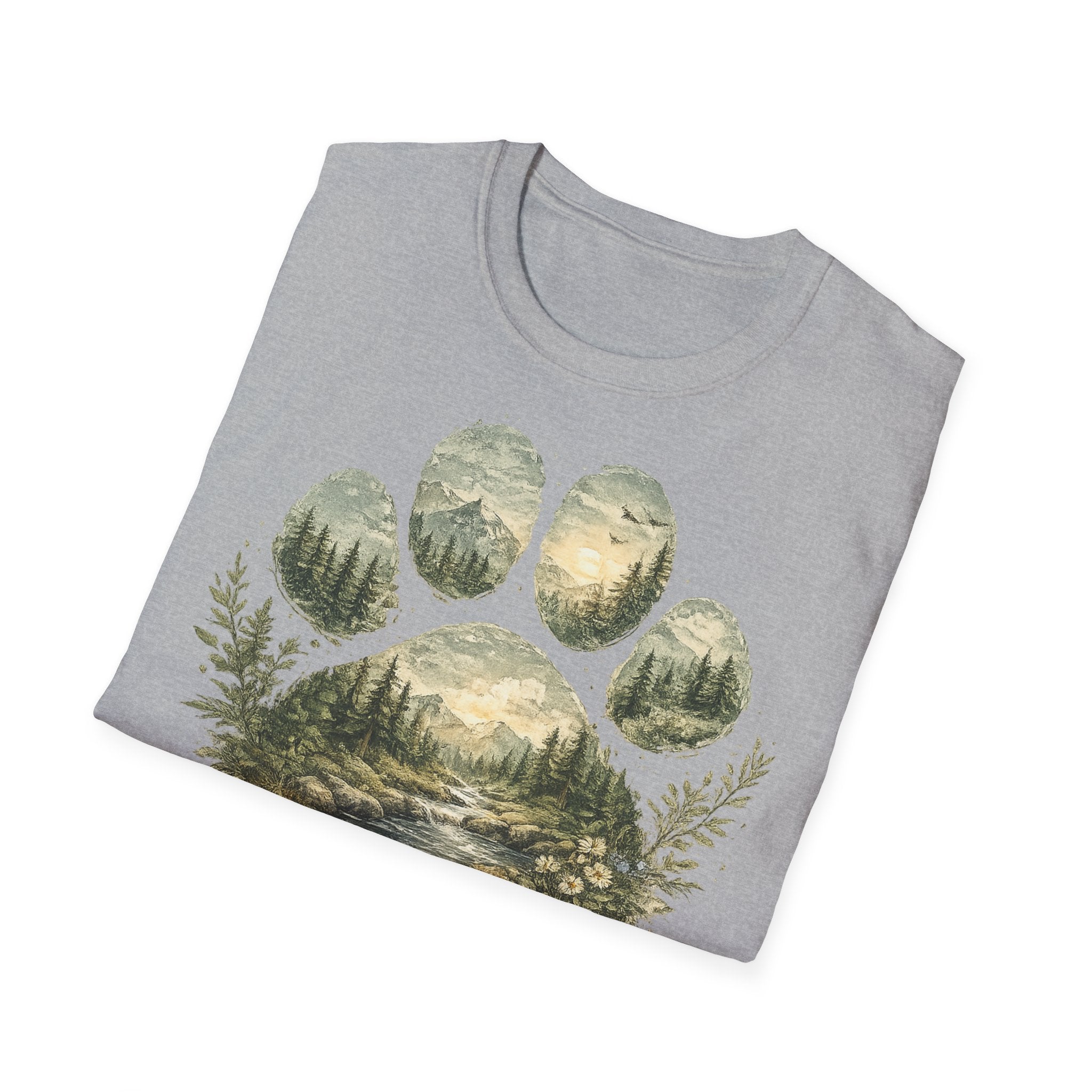 Wild Paw Landscape T-Shirt — Mountain Forest Paw Print Nature Tee