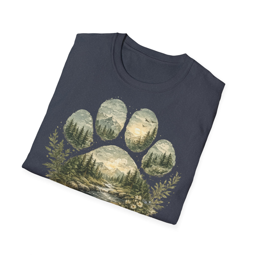 Wild Paw Landscape T-Shirt — Mountain Forest Paw Print Nature Tee