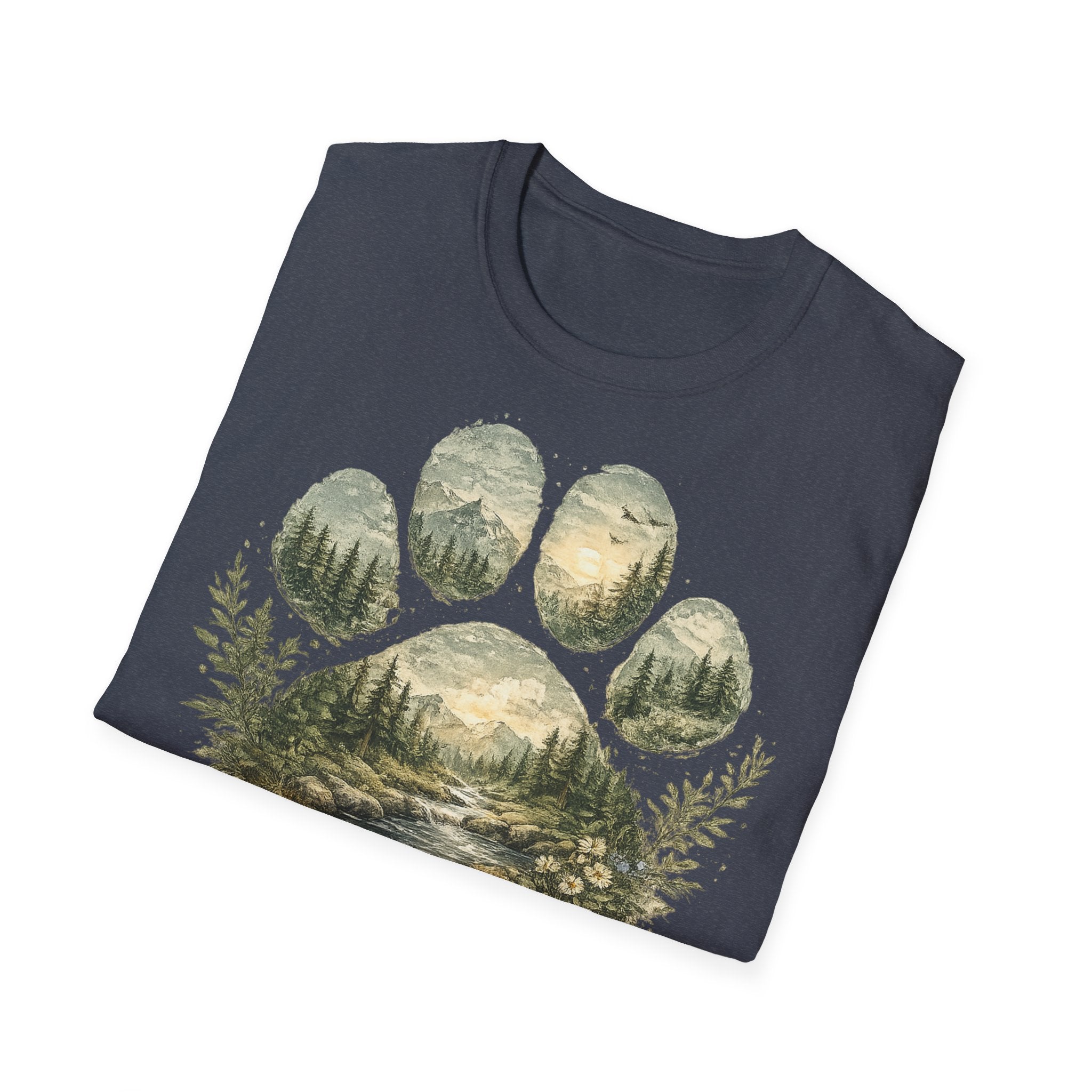 Wild Paw Landscape T-Shirt — Mountain Forest Paw Print Nature Tee