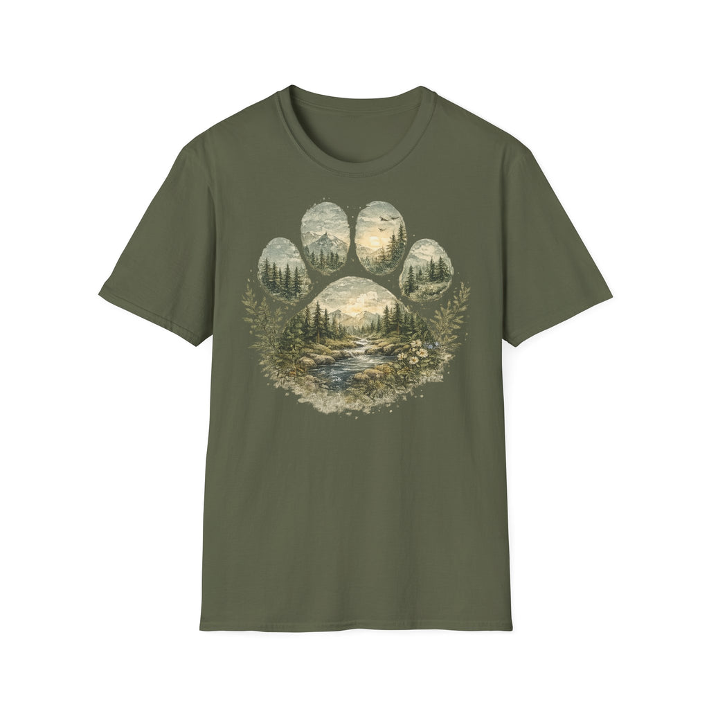Wild Paw Landscape T-Shirt — Mountain Forest Paw Print Nature Tee