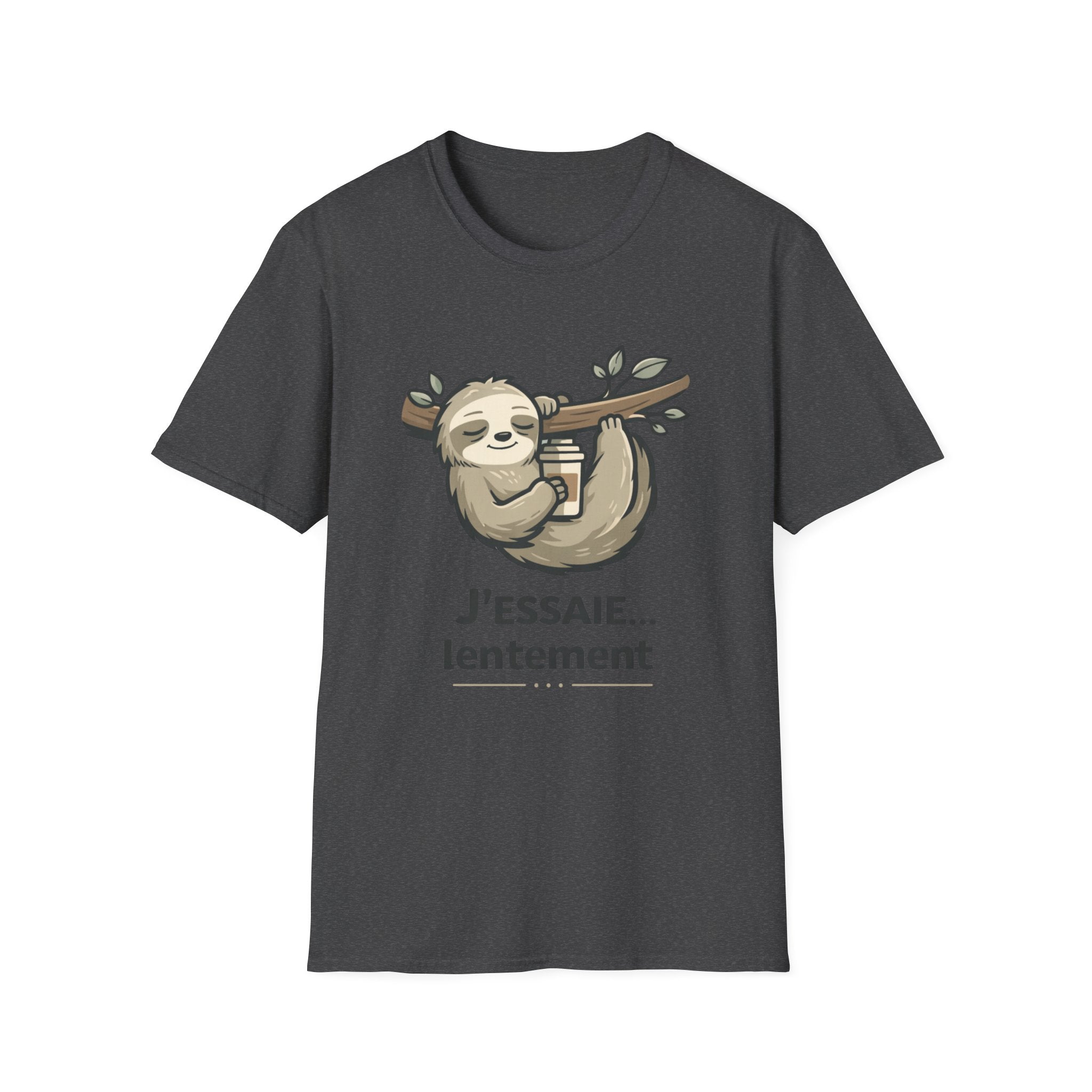 Sloth Coffee T‑Shirt — "J'essaie... lentement" Cute Relaxed French Graphic Tee