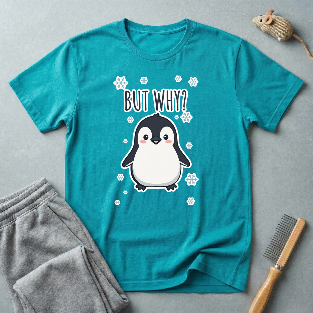 T-shirt pingouin «But Why?» — T-shirt graphique d’hiver mignon