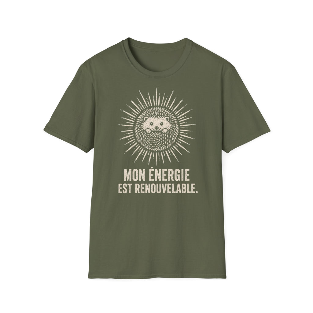 T-shirt Hérisson et énergie renouvelable — « Mon énergie est renouvelable » — T-shirt graphique écoresponsable