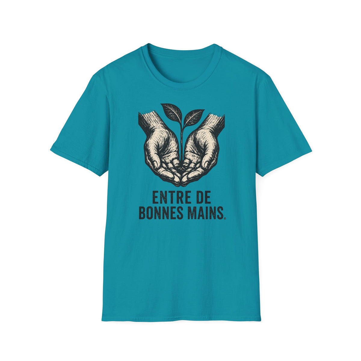 T-shirt — « Entre de bonnes mains » — Illustration graphique de mains tenant une jeune pousse