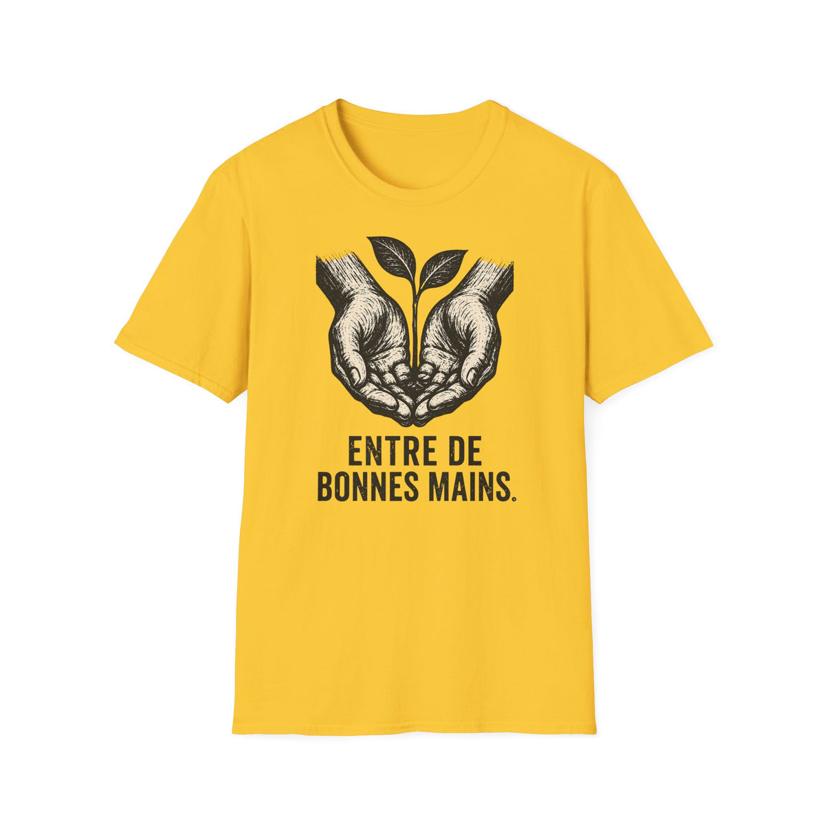 T-shirt — « Entre de bonnes mains » — Illustration graphique de mains tenant une jeune pousse