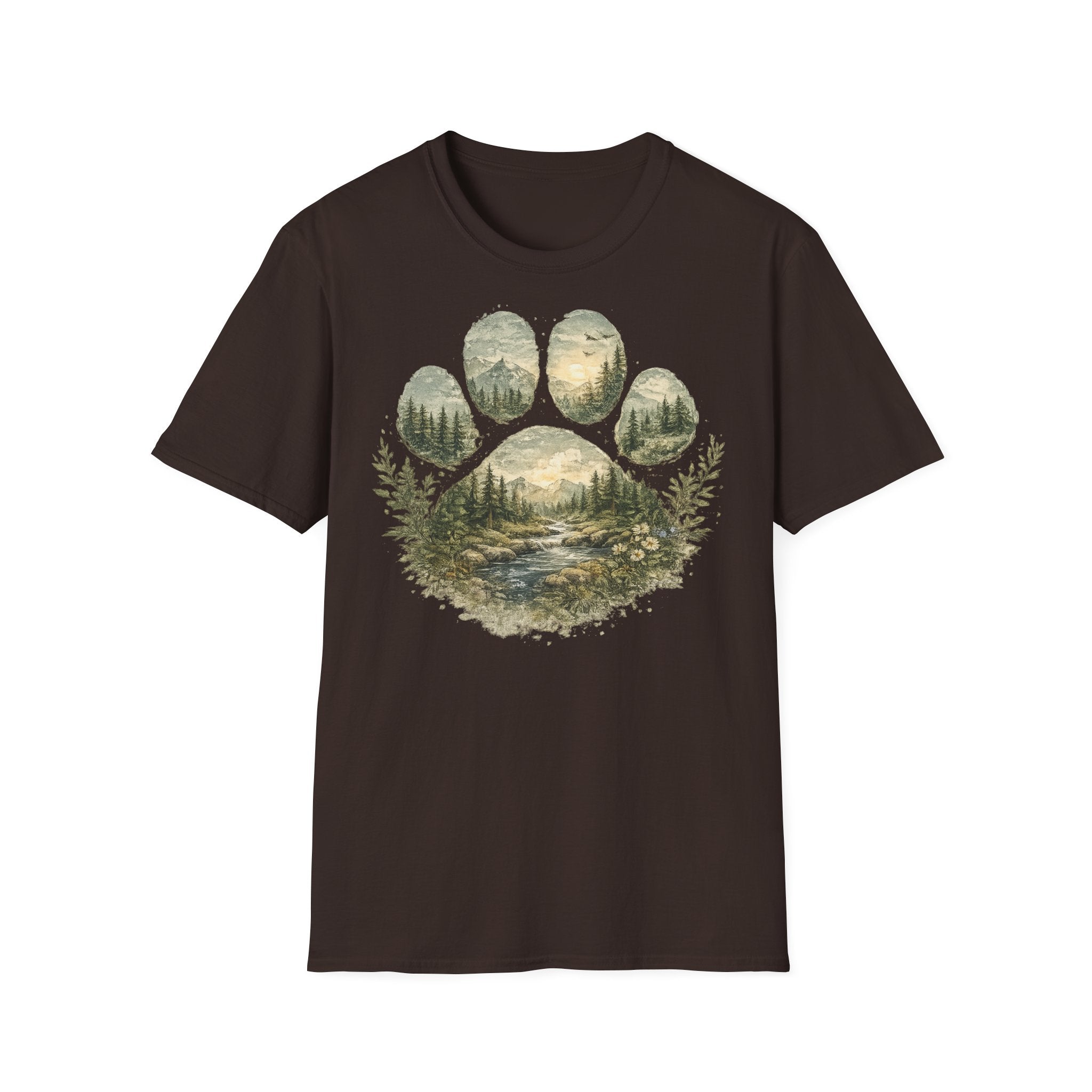 Wild Paw Landscape T-Shirt — Mountain Forest Paw Print Nature Tee