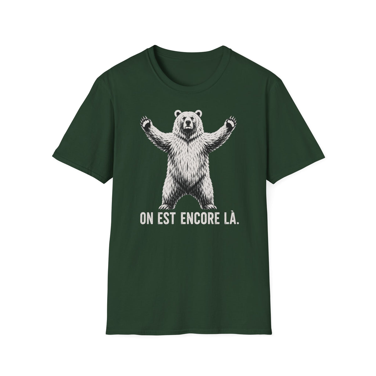 T-shirt graphique avec ours — « On est encore là » — Style vintage
