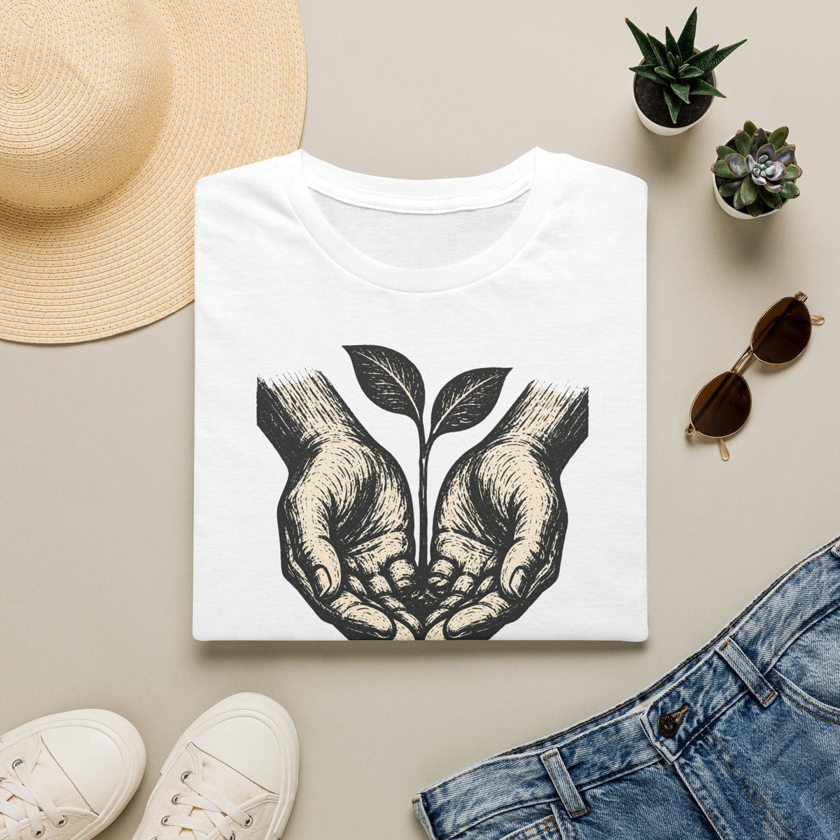 T-shirt — « Entre de bonnes mains » — Illustration graphique de mains tenant une jeune pousse