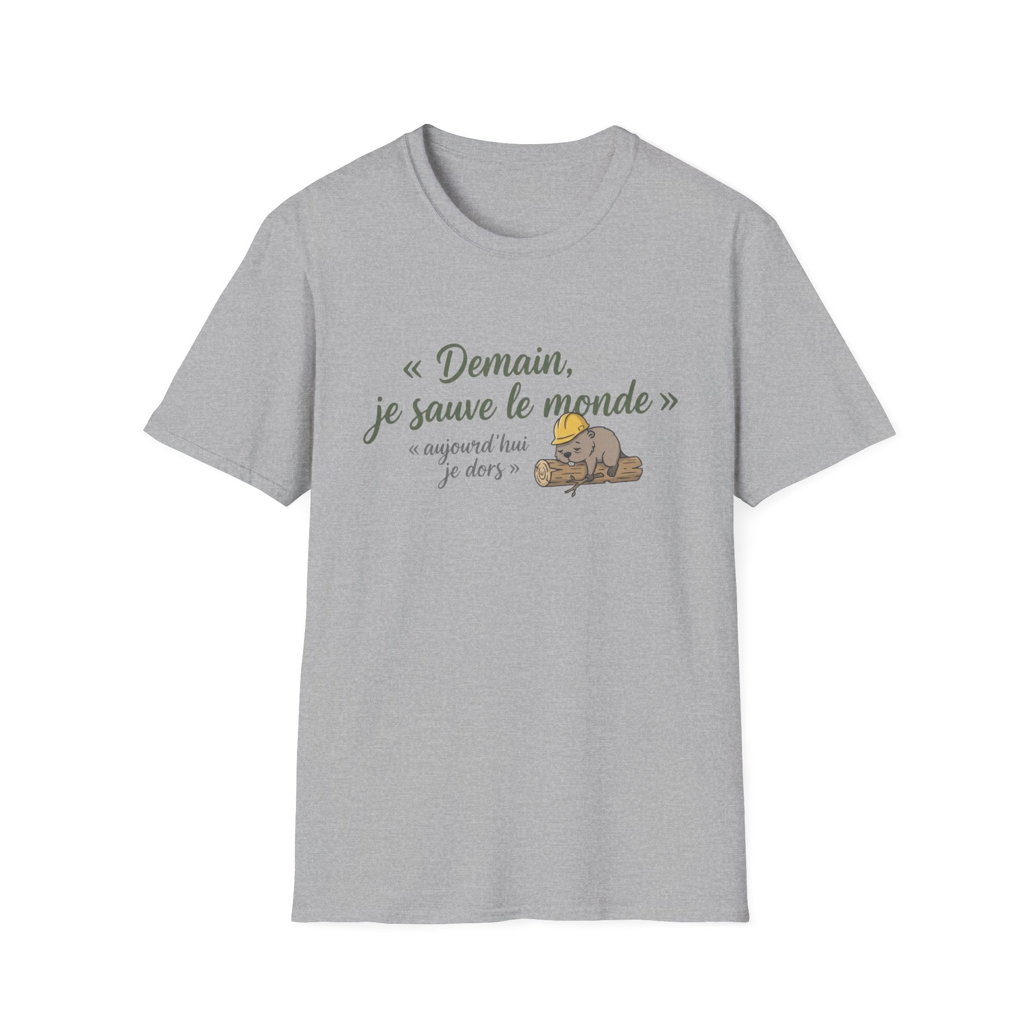 T-Shirt — "Demain, je sauve le monde" Cute Sleeping Sloth French Graphic Tee