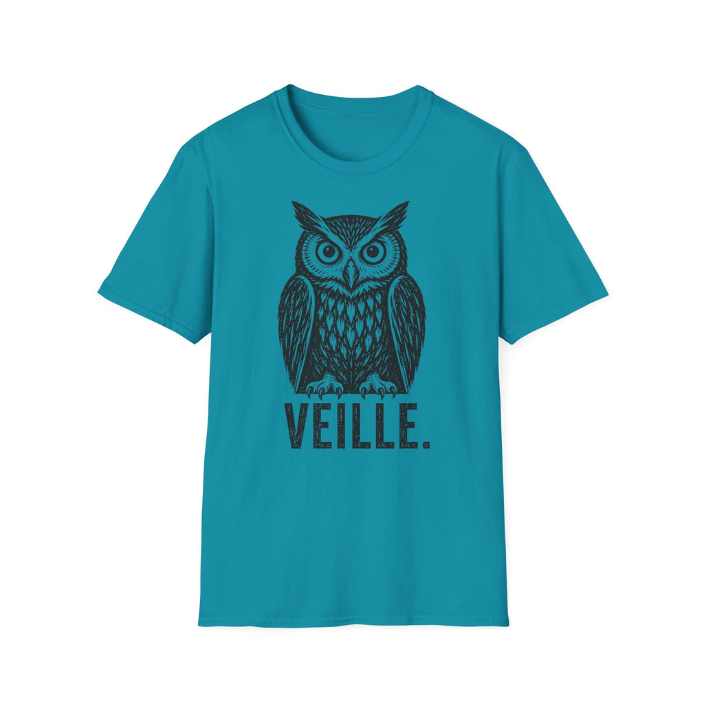 T-shirt illustré avec hibou — « VEILLE. » — T-shirt graphique vintage de veille nocturne