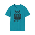 T-shirt illustré avec hibou — « VEILLE. » — T-shirt graphique vintage de veille nocturne