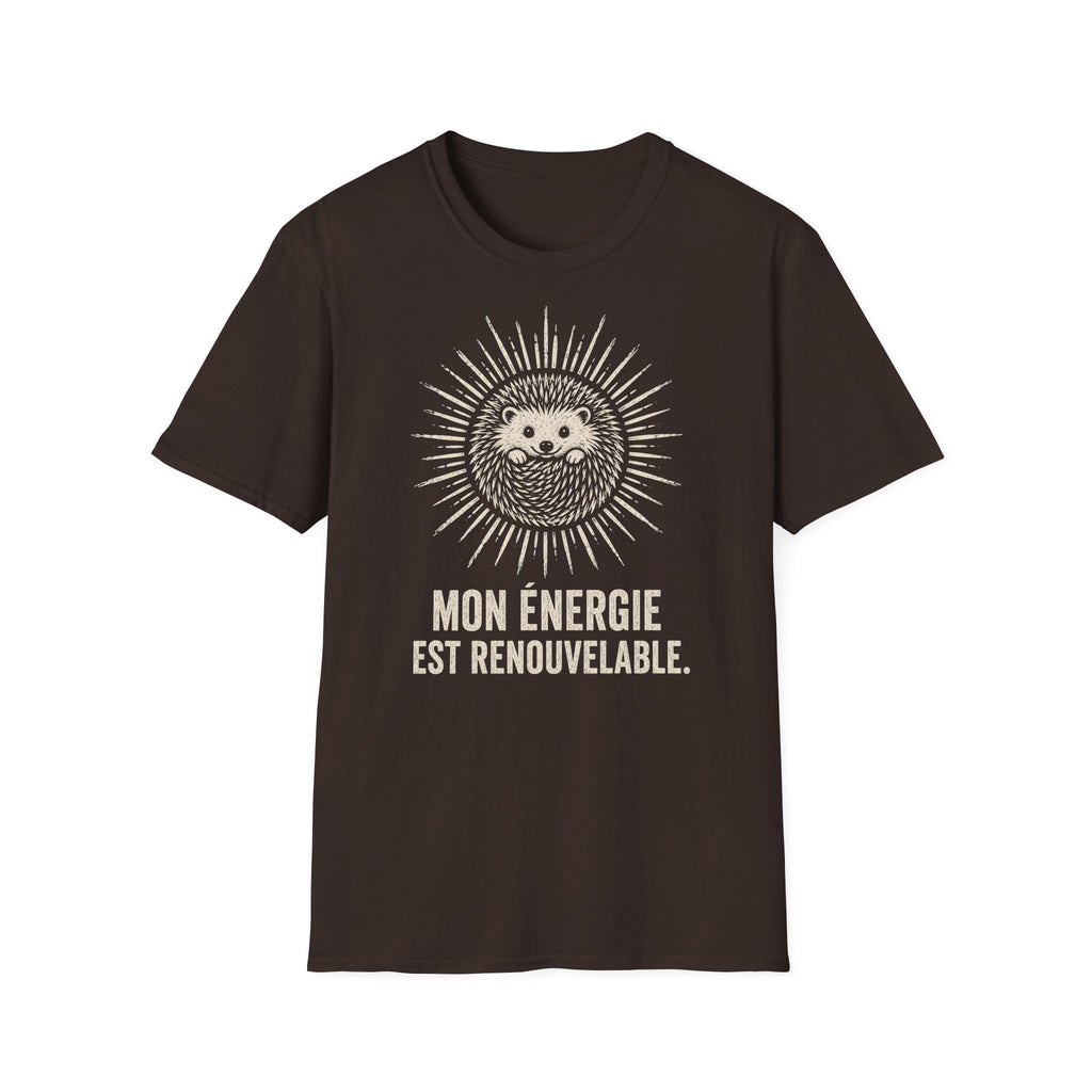T-shirt Hérisson et énergie renouvelable — « Mon énergie est renouvelable » — T-shirt graphique écoresponsable