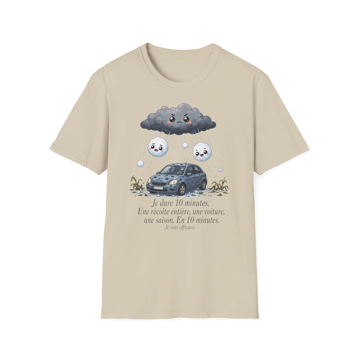 T-shirt — Nuage de pluie mignon avec gouttes de pluie tristes et voiture — Illustration météo drôle et adorable