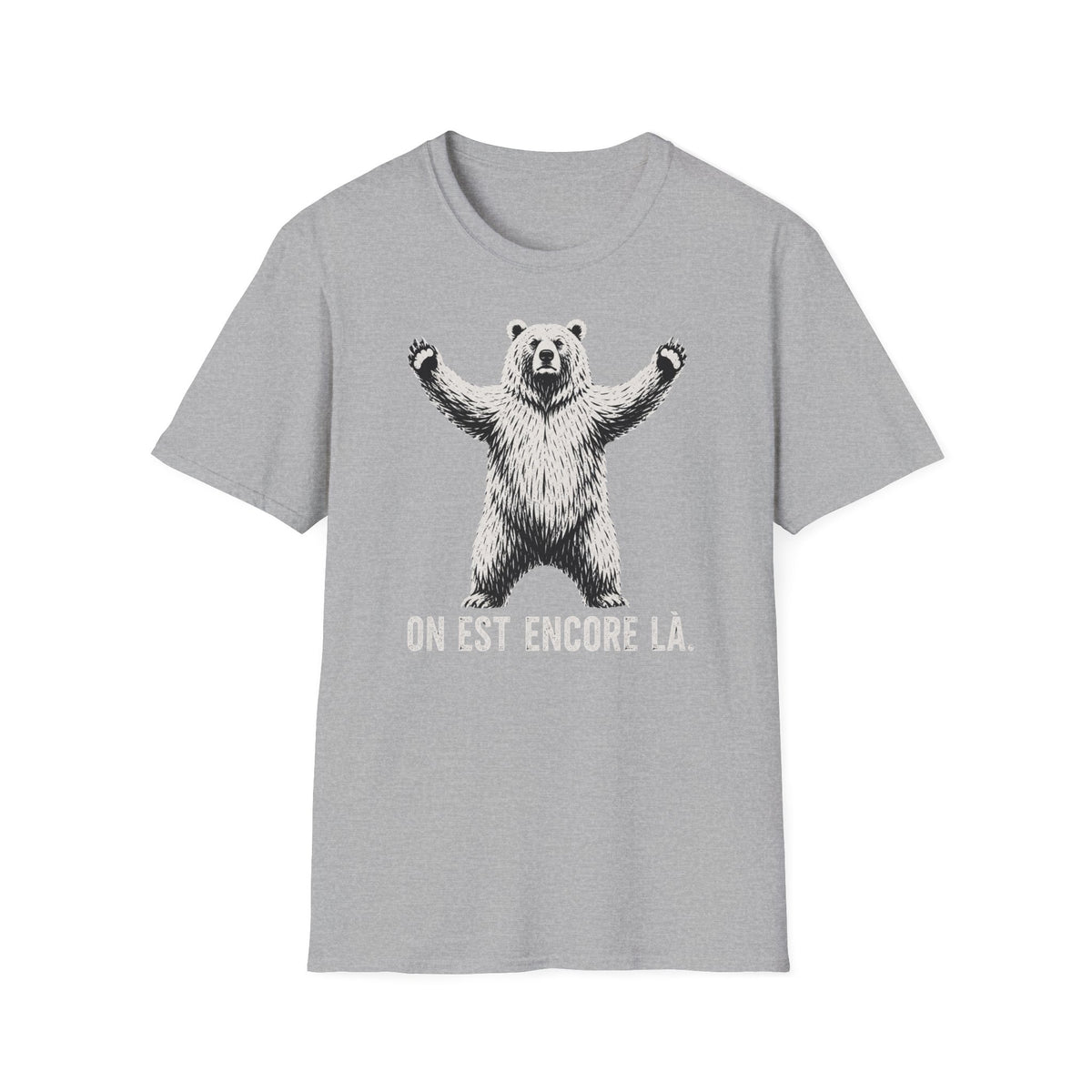 T-shirt graphique avec ours — « On est encore là » — Style vintage