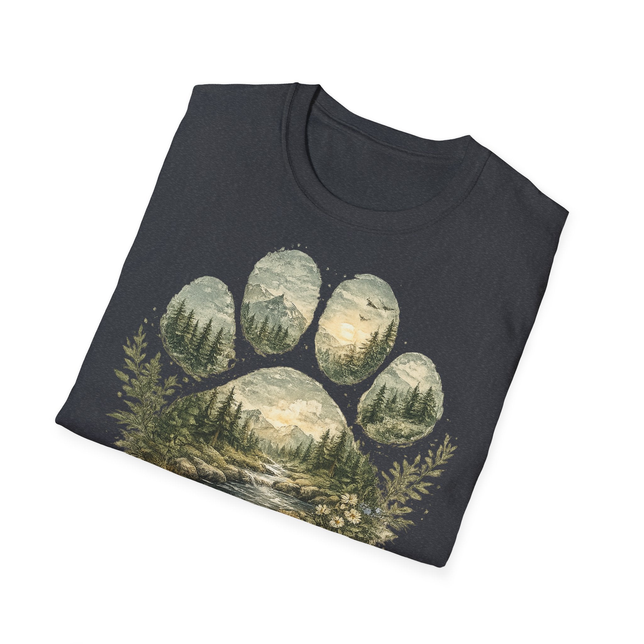 Wild Paw Landscape T-Shirt — Mountain Forest Paw Print Nature Tee