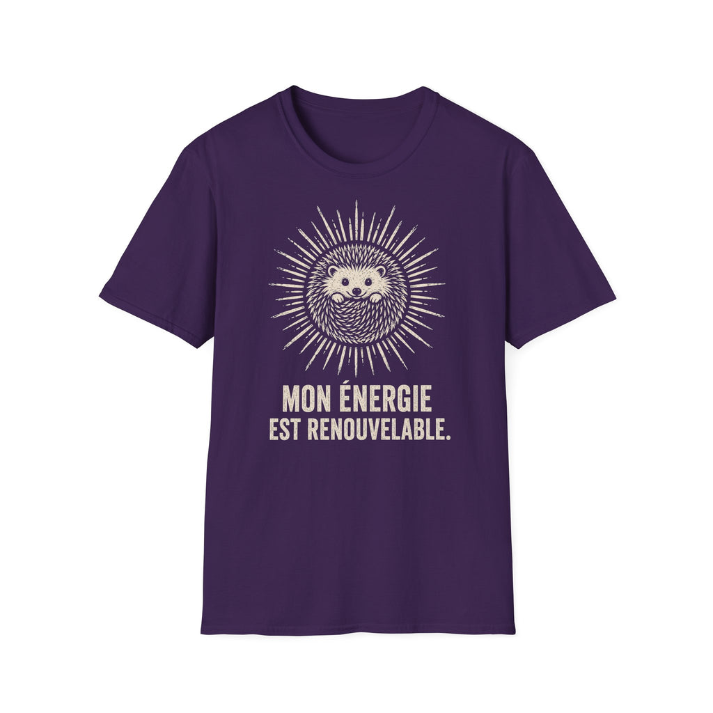 T-shirt Hérisson et énergie renouvelable — « Mon énergie est renouvelable » — T-shirt graphique écoresponsable