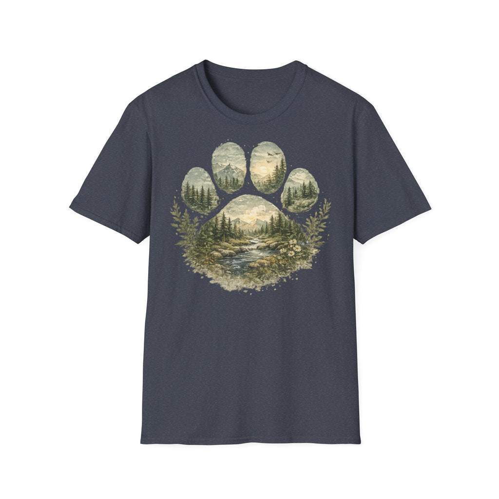 Wild Paw Landscape T-Shirt — Mountain Forest Paw Print Nature Tee