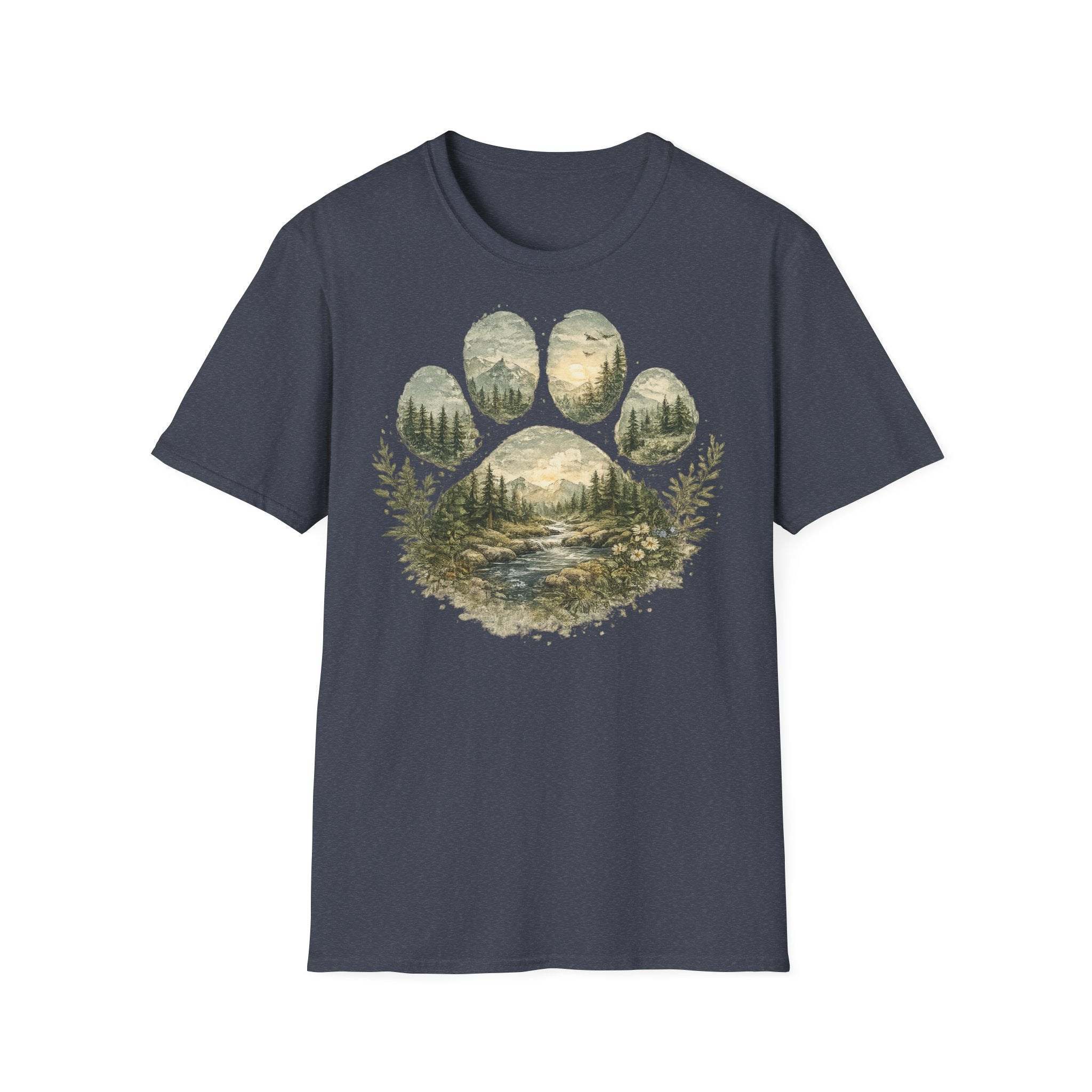 Wild Paw Landscape T-Shirt — Mountain Forest Paw Print Nature Tee