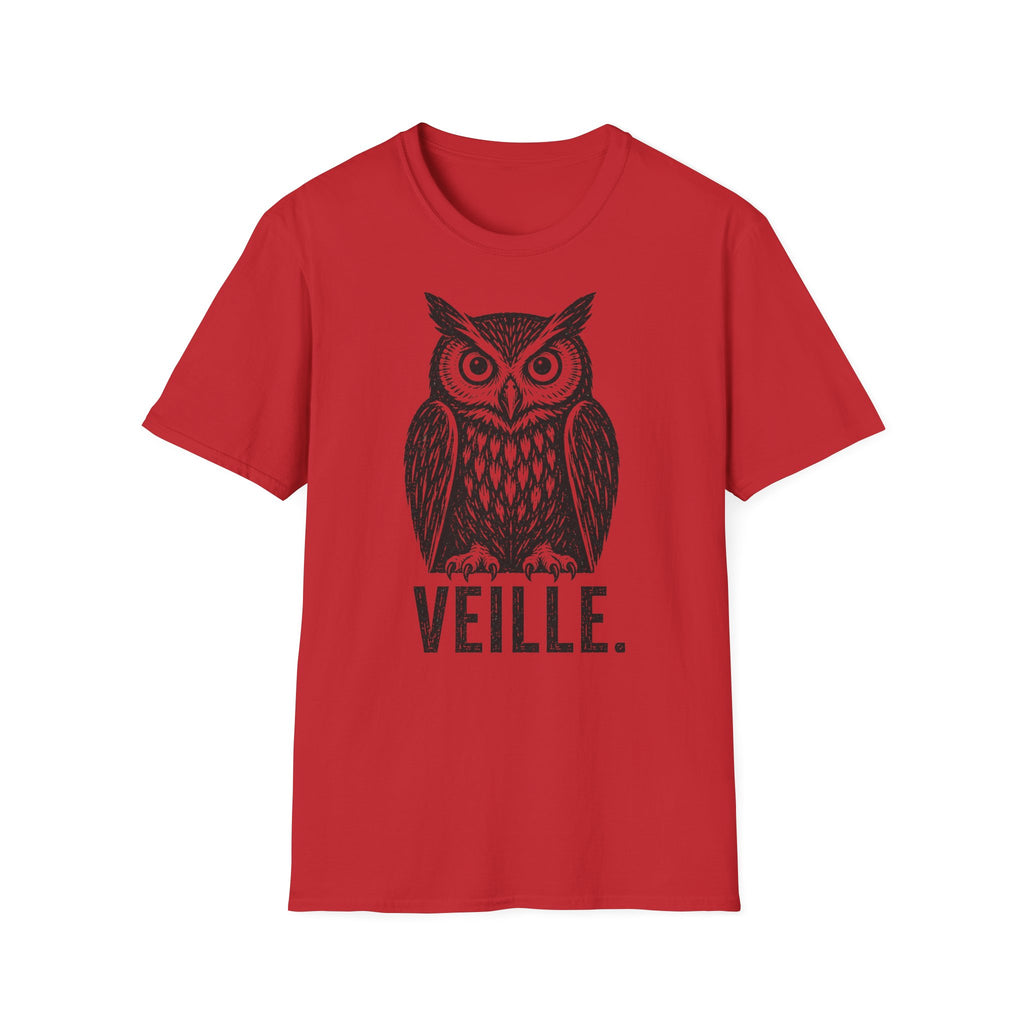 T-shirt illustré avec hibou — « VEILLE. » — T-shirt graphique vintage de veille nocturne