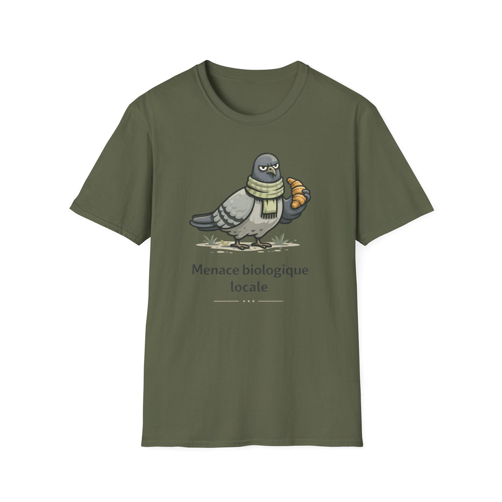T-Shirt — "Menace biologique locale" Pigeon with Scarf and Croissant Cute Graphic