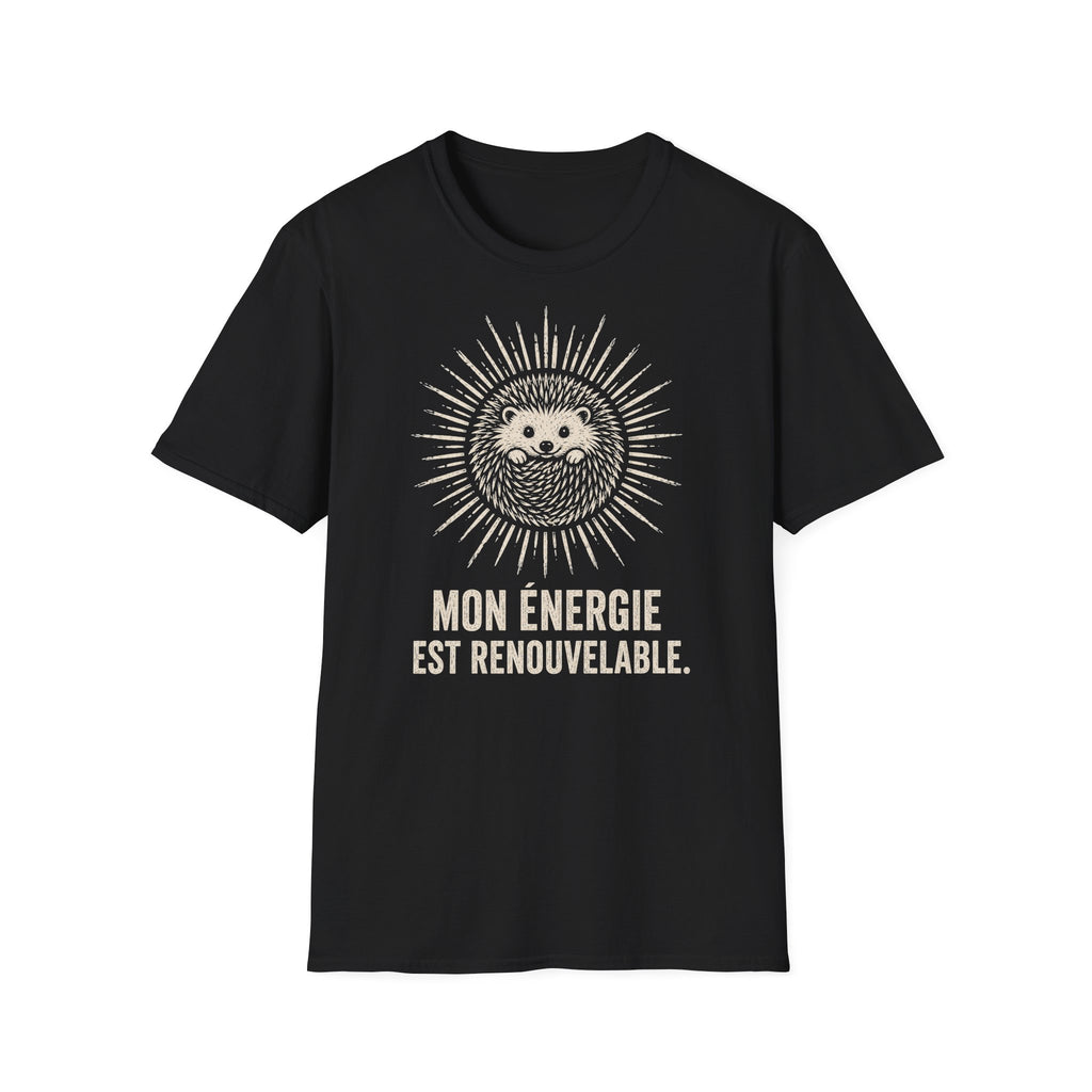 T-shirt Hérisson et énergie renouvelable — « Mon énergie est renouvelable » — T-shirt graphique écoresponsable