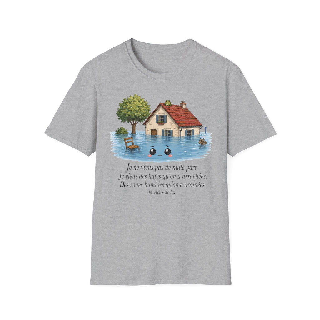 T-shirt « Maison inondée » — Adorable illustration kawaii d’une maison dans les eaux montante