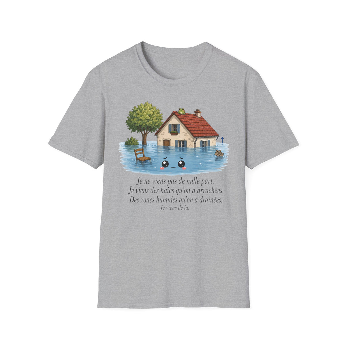 T-shirt « Maison inondée » — Adorable illustration kawaii d’une maison dans les eaux montante