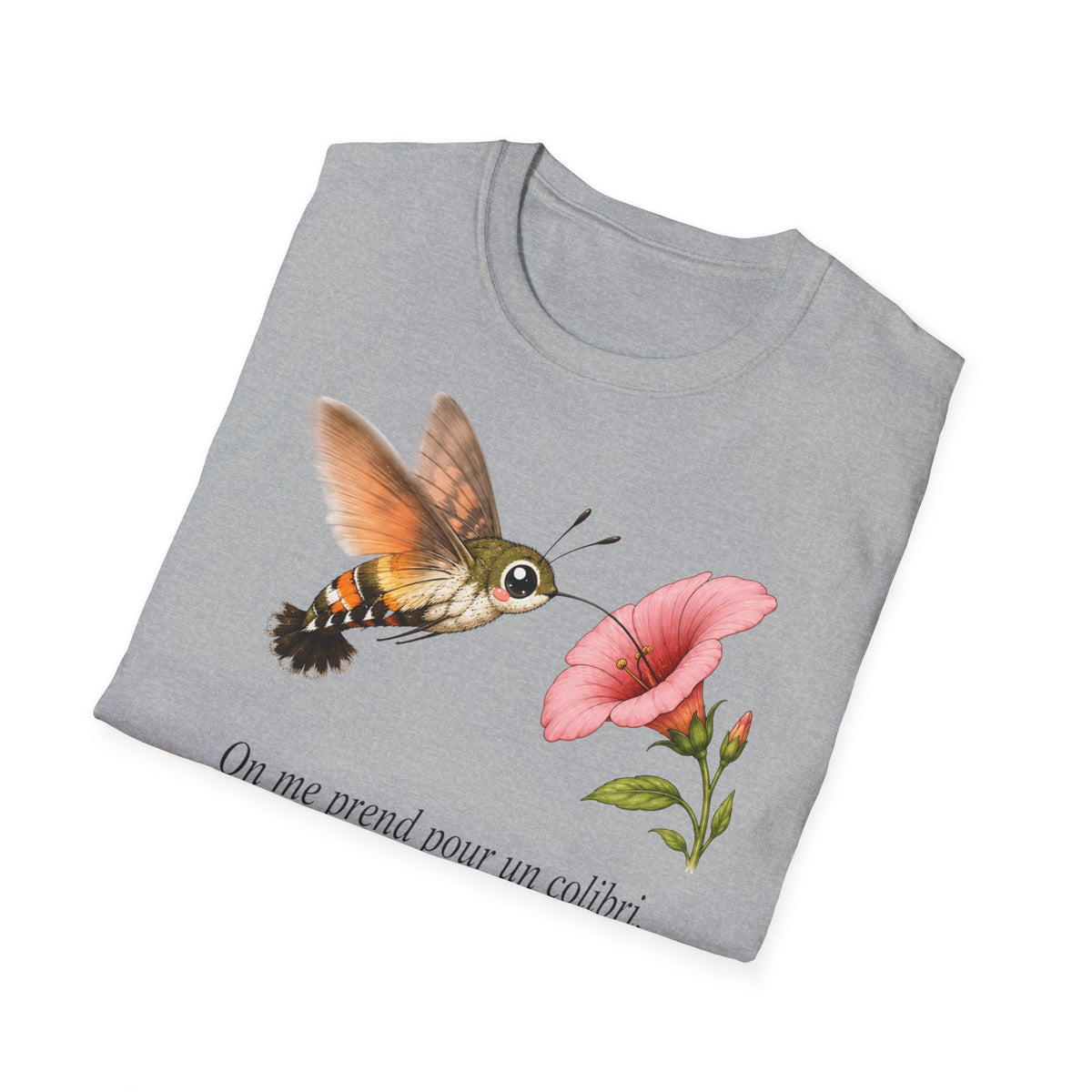 T-shirt fleuri avec colibri et coquelicot — « On me prend pour un colibri, je suis un papillon »