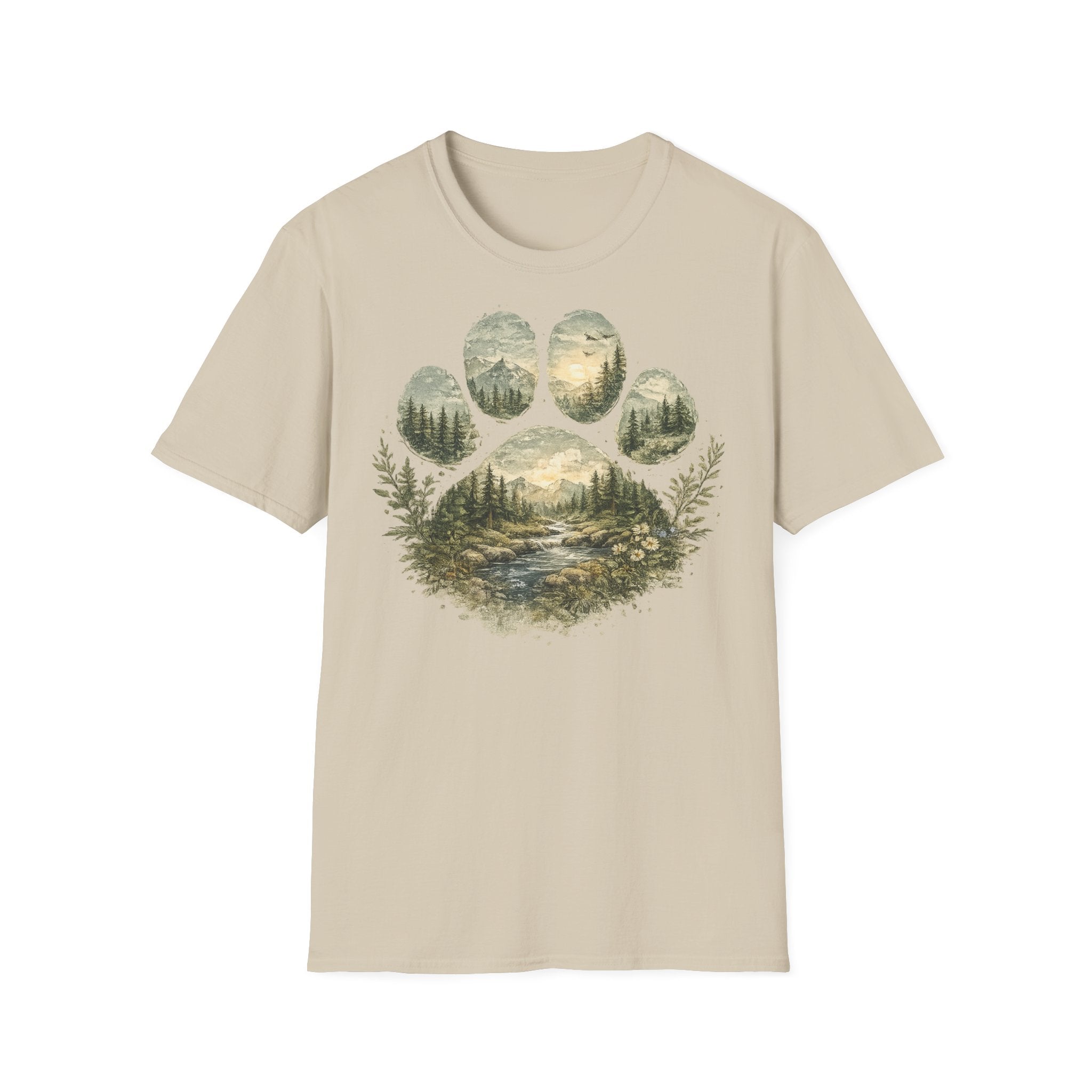 Wild Paw Landscape T-Shirt — Mountain Forest Paw Print Nature Tee