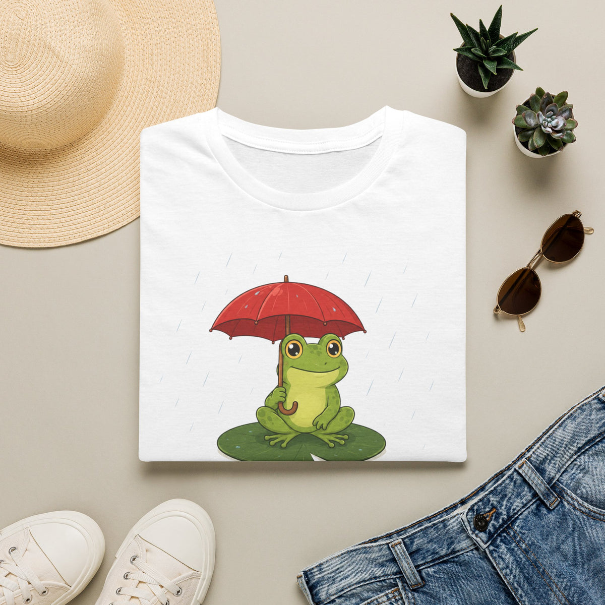 T-shirt Grenouille au parapluie rouge — Adorable illustration « Prévoyante »