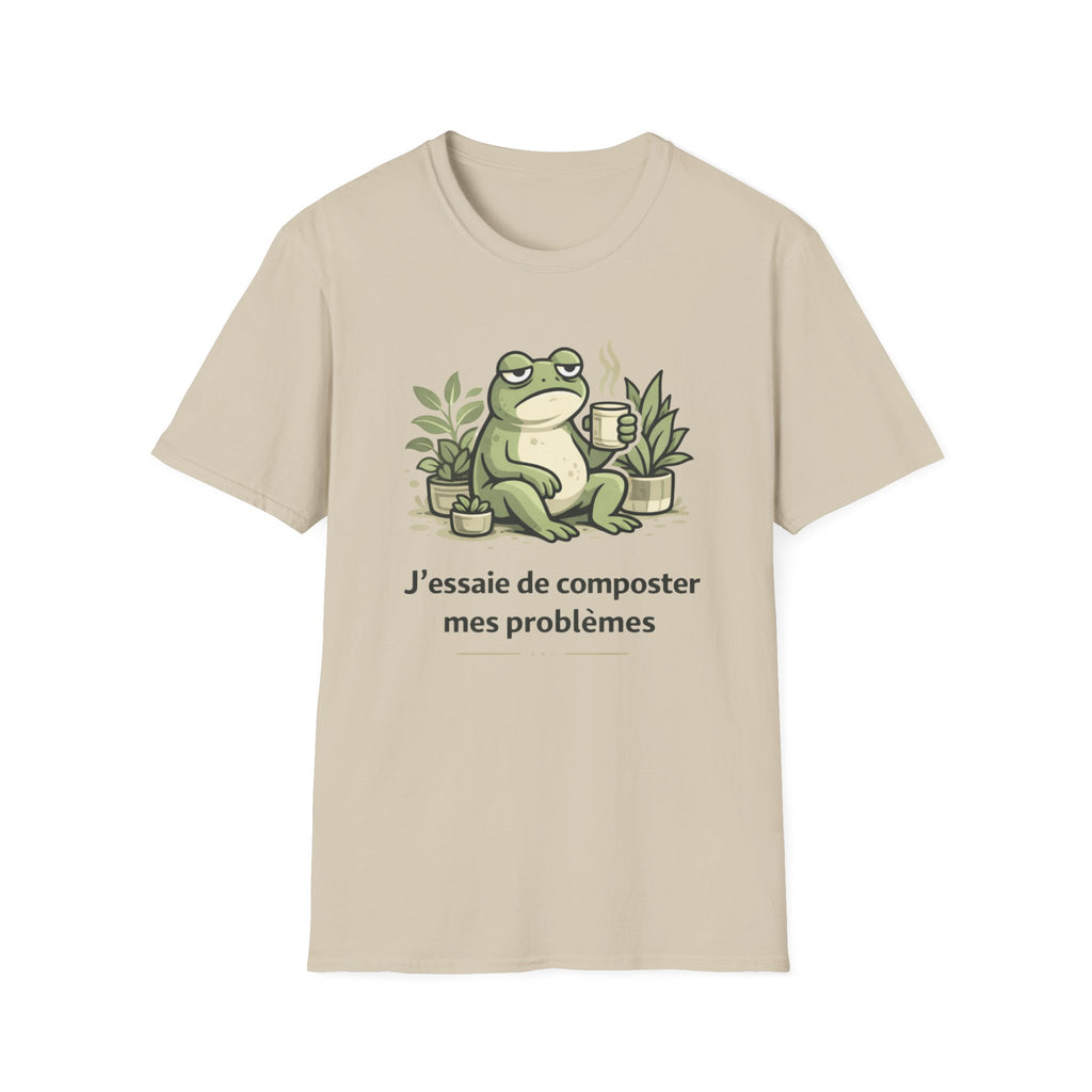 Frog Composting T-Shirt – "J'essaie de composter mes problèmes" French Eco Humor Tee