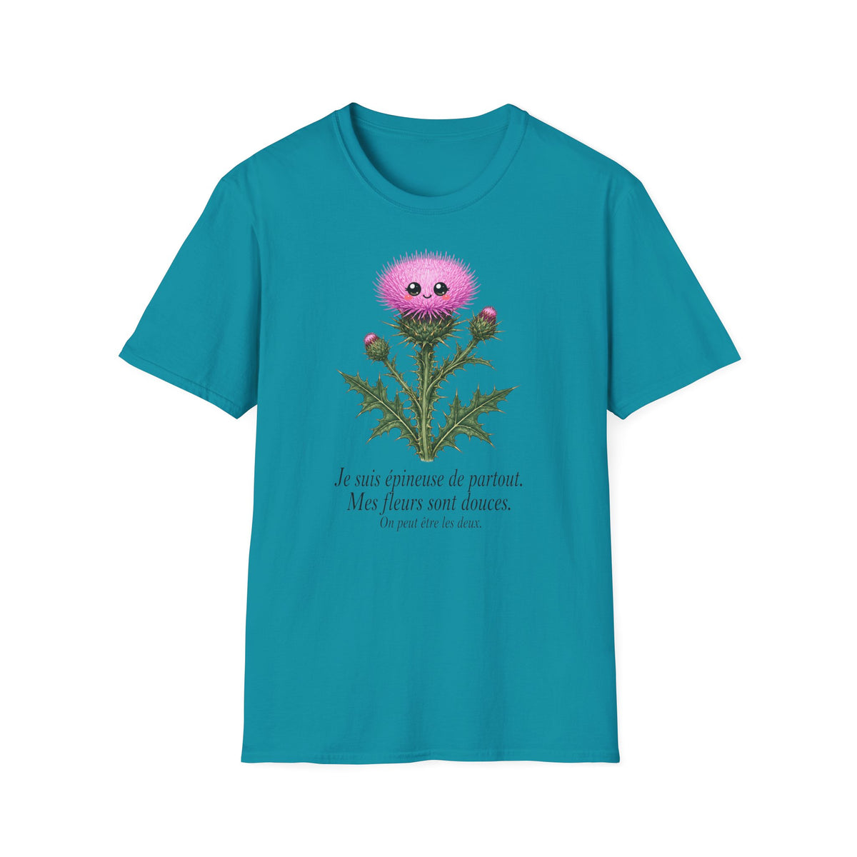 T-shirt avec adorable chardon rose — « Je suis heureuse de partout »