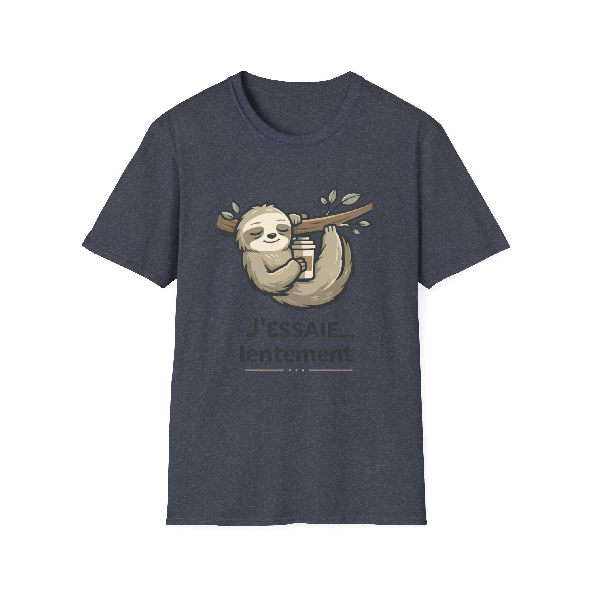 Sloth Coffee T‑Shirt — "J'essaie... lentement" Cute Relaxed French Graphic Tee